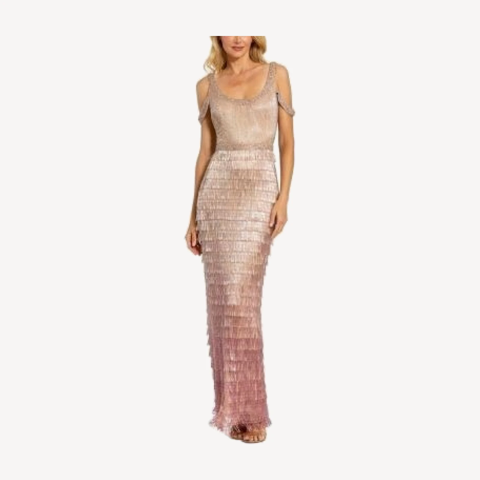 Mac Duggal Scoop Neck Embellished Fringe Gown
