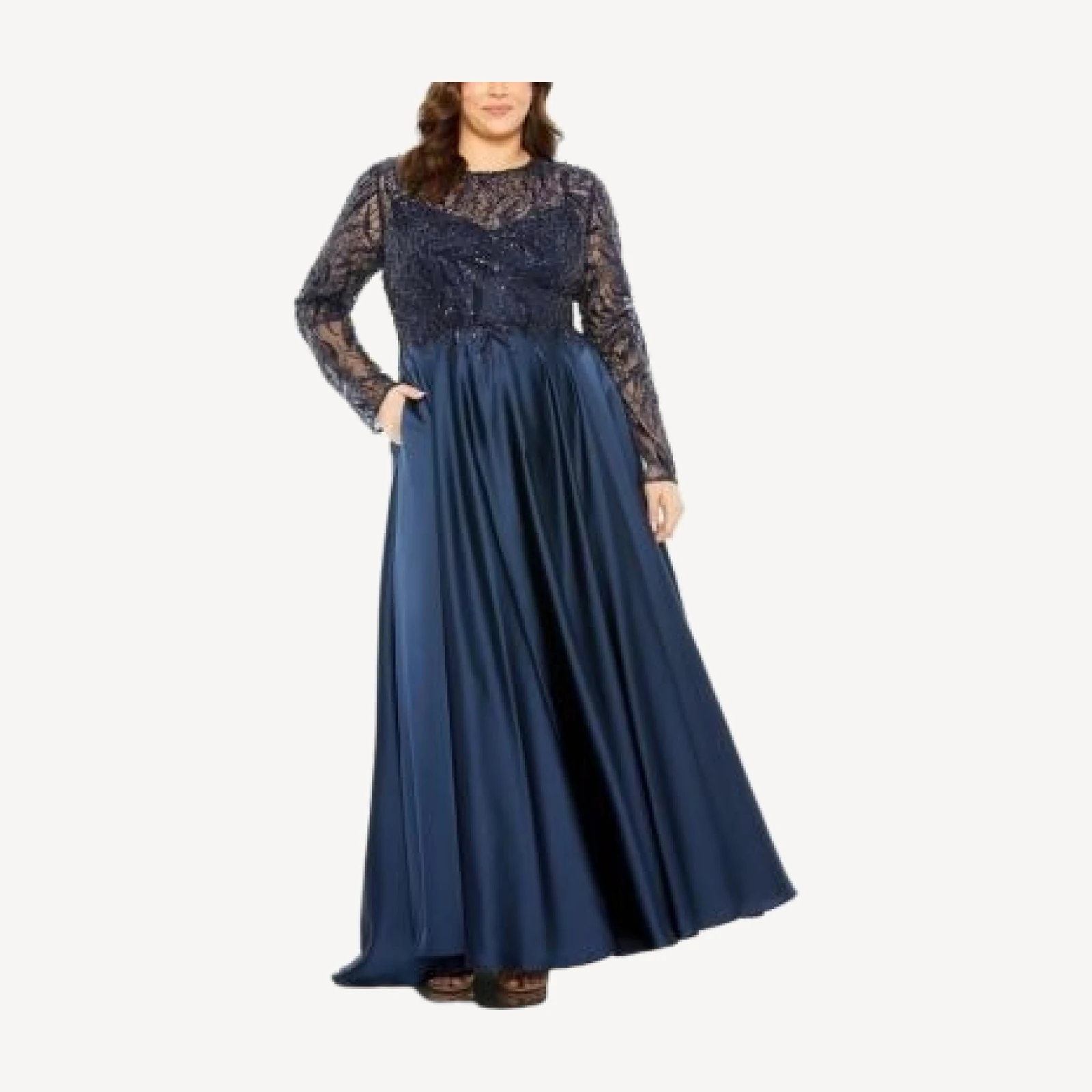 Mac Duggal Sheer Long Sleeve Beaded Top Satin Gown