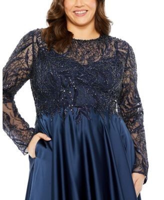 Mac Duggal Sheer Long Sleeve Beaded Top Satin Gown