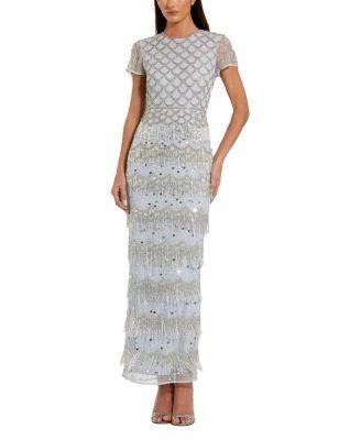 Mac Duggal Fringe Embellished Mesh Short Sleeve Ankle Dress