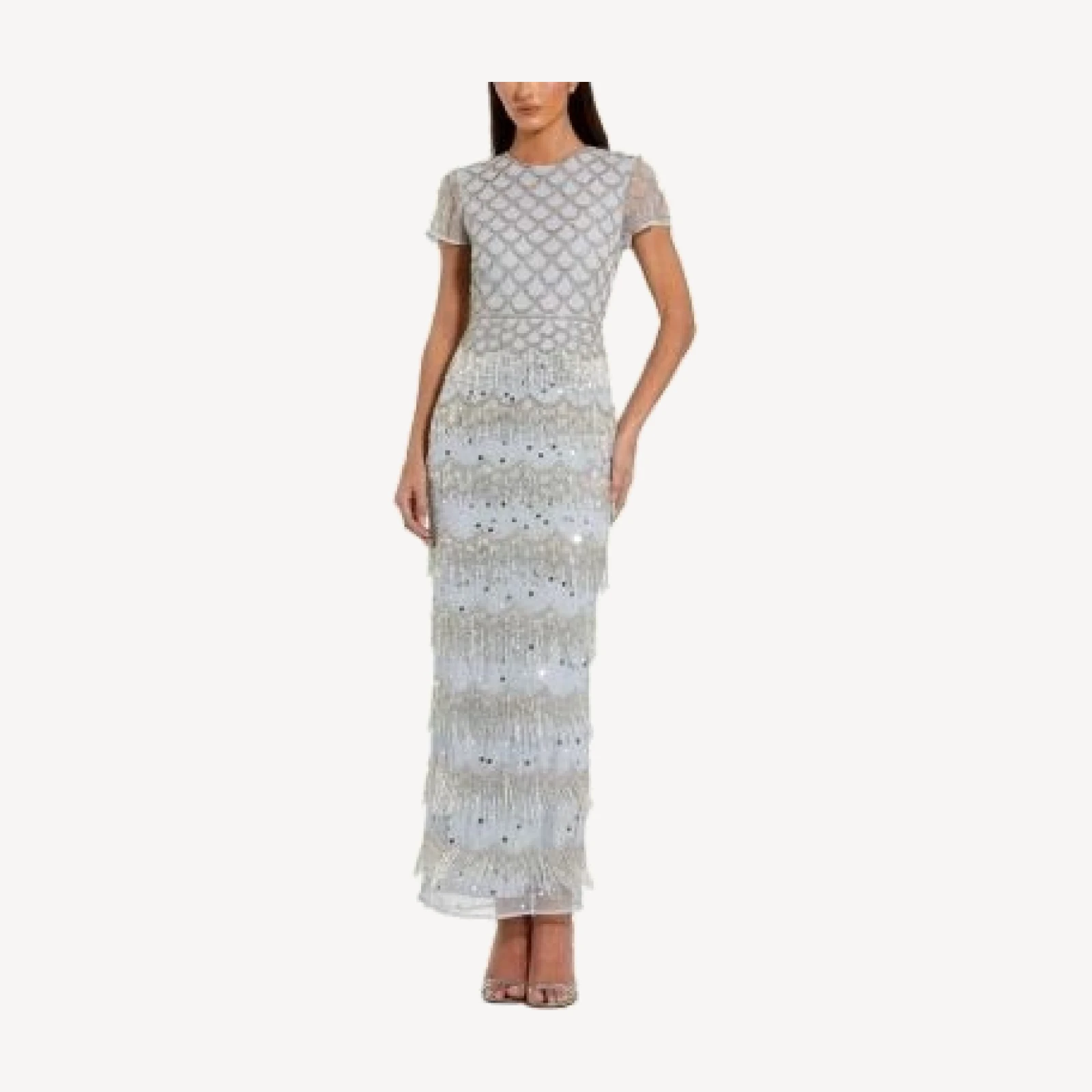 Mac Duggal Fringe Embellished Mesh Short Sleeve Ankle Dress