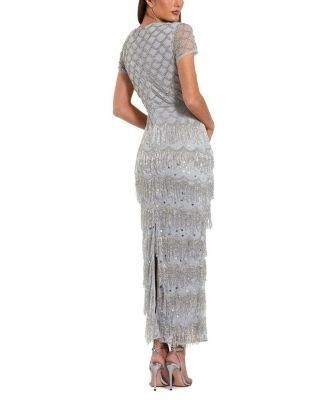 Mac Duggal Fringe Embellished Mesh Short Sleeve Ankle Dress
