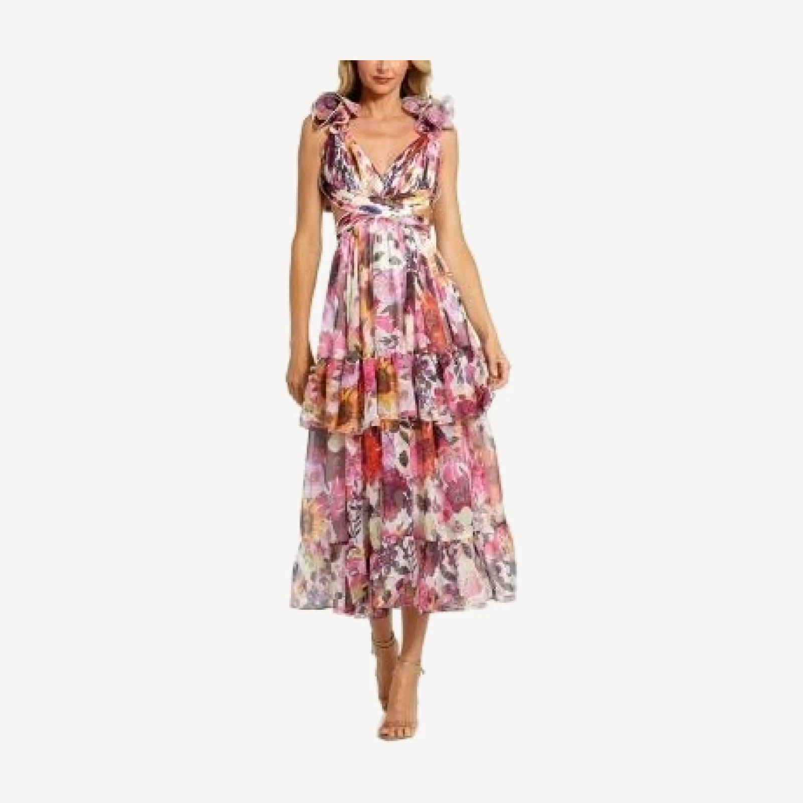 Mac Duggal Ruffle Tiered Cut-Out Floral Chiffon Dress
