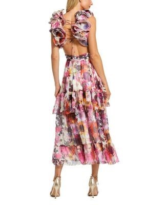 Mac Duggal Ruffle Tiered Cut-Out Floral Chiffon Dress