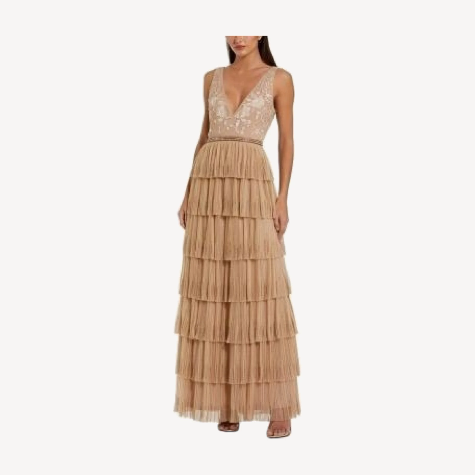 Mac Duggal Beaded Mesh V Neck Gown with Tiered Ruffles