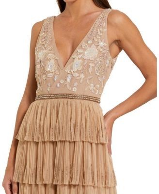 Mac Duggal Beaded Mesh V Neck Gown with Tiered Ruffles
