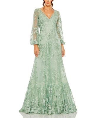 Mac Duggal V Neck Puff Sleeve A Line Embroidered Gown