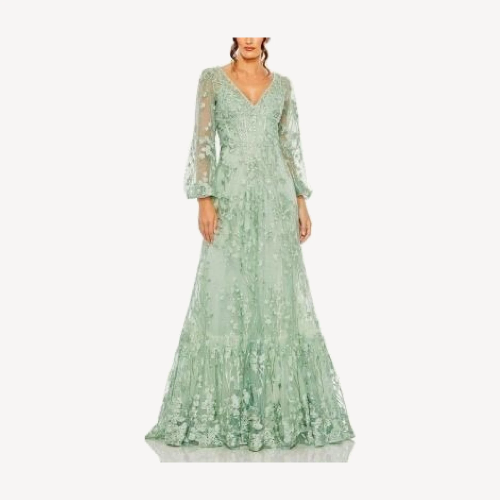 Mac Duggal V Neck Puff Sleeve A Line Embroidered Gown