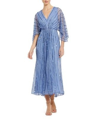 Mac Duggal Beaded Striping Kimono Sleeve V Neck Dress