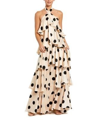 Mac Duggal Polka Dot Charmeuse Halter Tiered Ruffle Gown