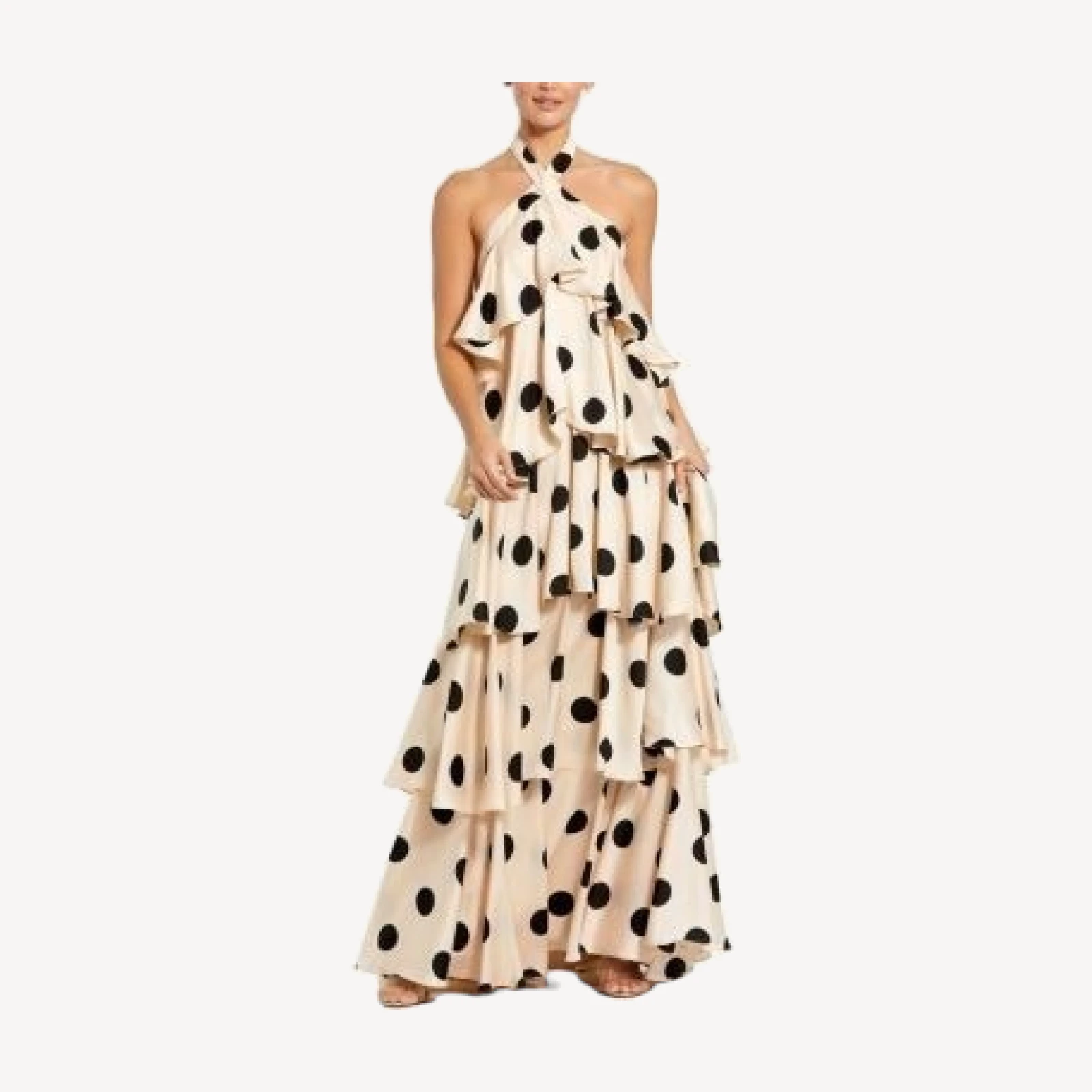 Mac Duggal Polka Dot Charmeuse Halter Tiered Ruffle Gown