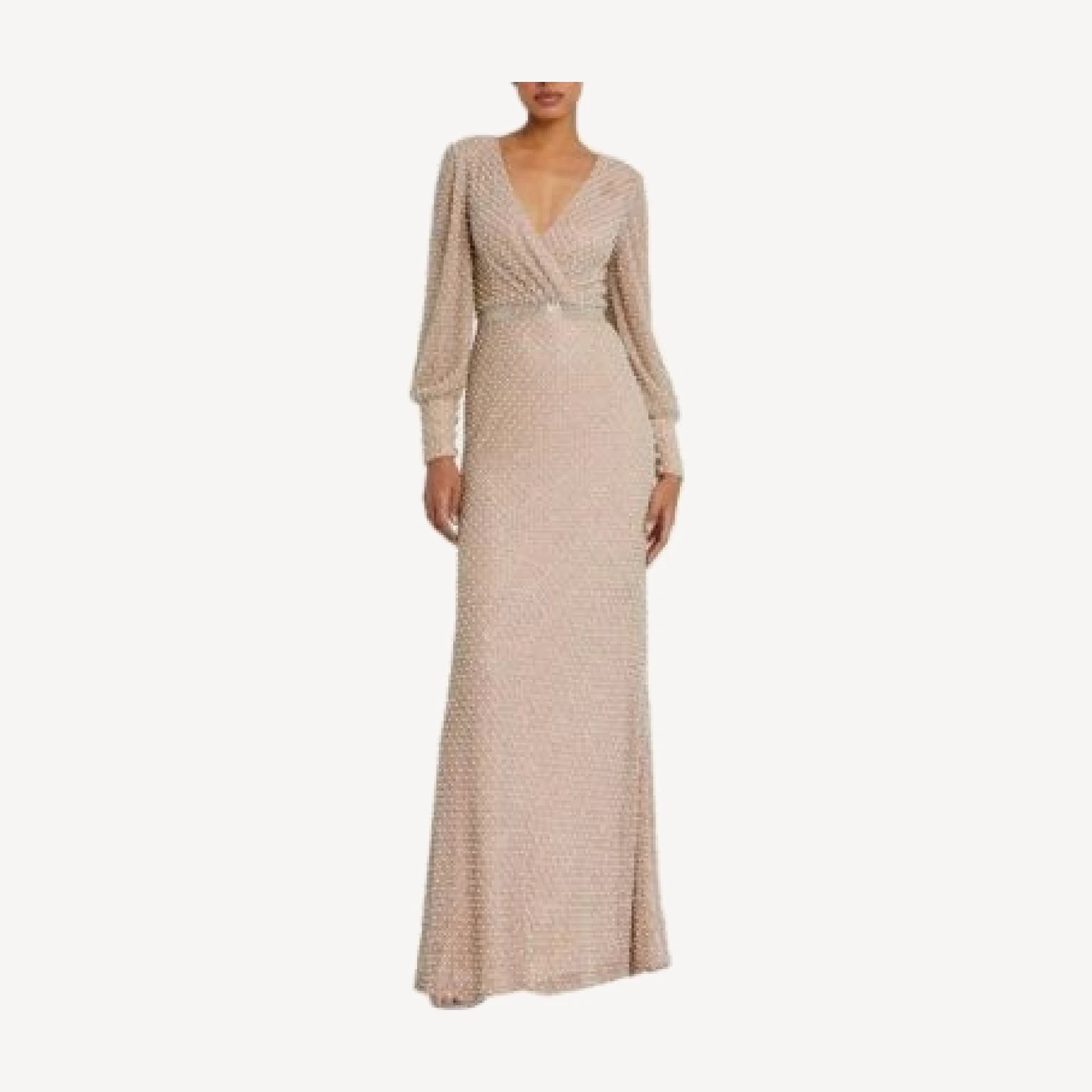 Mac Duggal Wrap Over Bishop Sleeve Pearl Beaded Gown