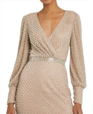 Mac Duggal Wrap Over Bishop Sleeve Pearl Beaded Gown