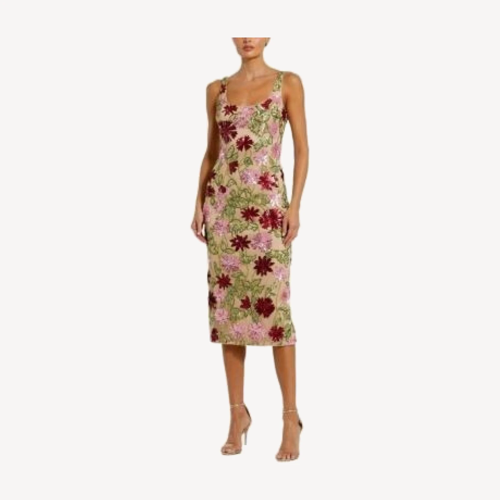 Mac Duggal Floral Beaded Mesh Scoop Neck Fitted Midi Dress