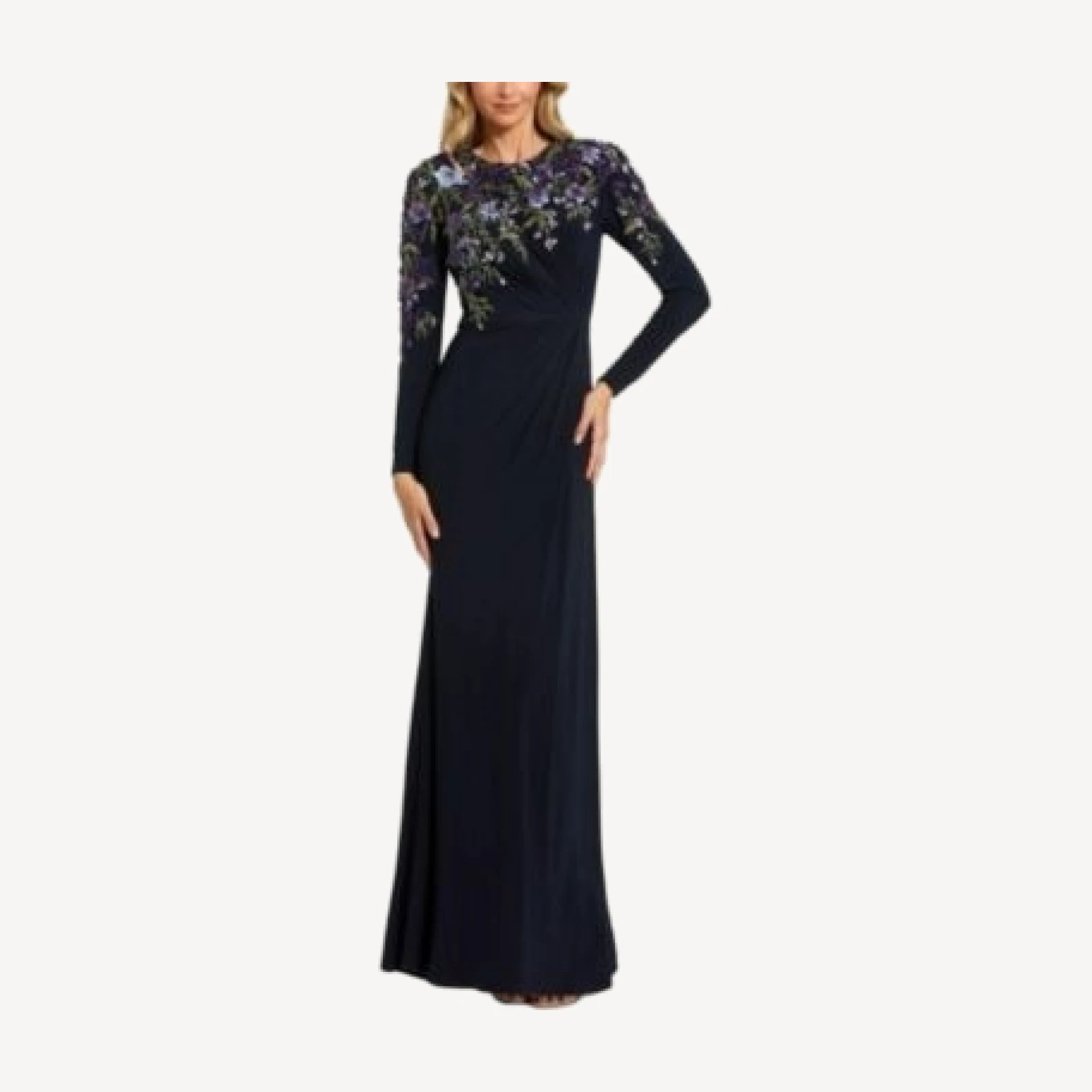 Mac Duggal Floral Embroidery Embellished Detail Long Sleeve Fitted Jersey Gown