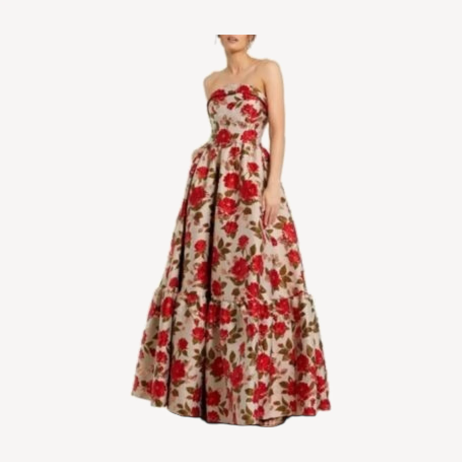 Mac Duggal Strapless Floral Brocade Ruffle Hem Detail Gown