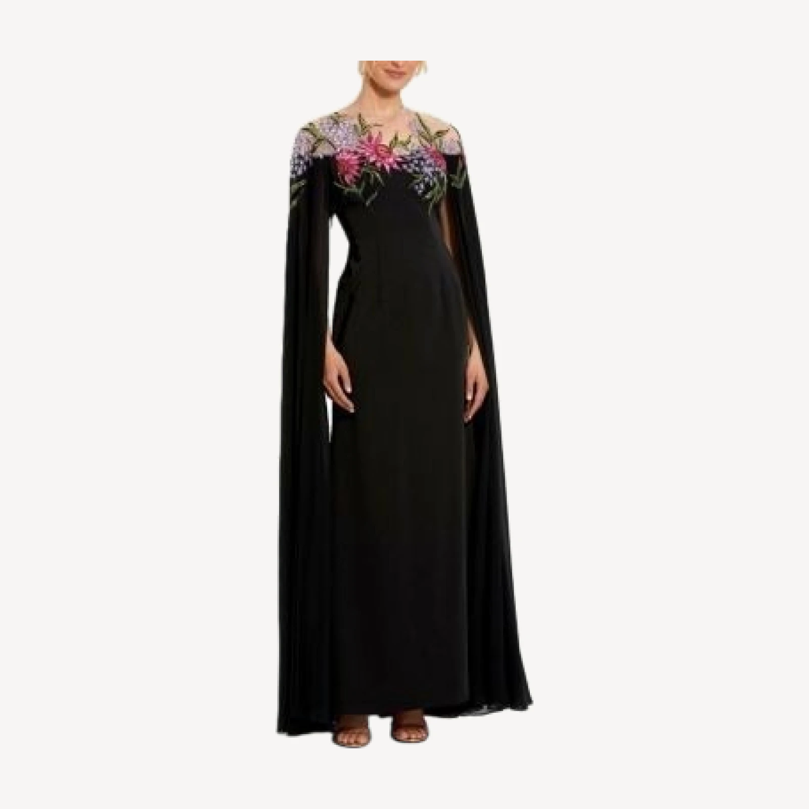 Mac Duggal Sheer Cape Beaded Floral Embroidery Detail Gown