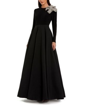 Mac Duggal Long Sleeve Taffeta Embellished 3D Flower Detail Ball Gown
