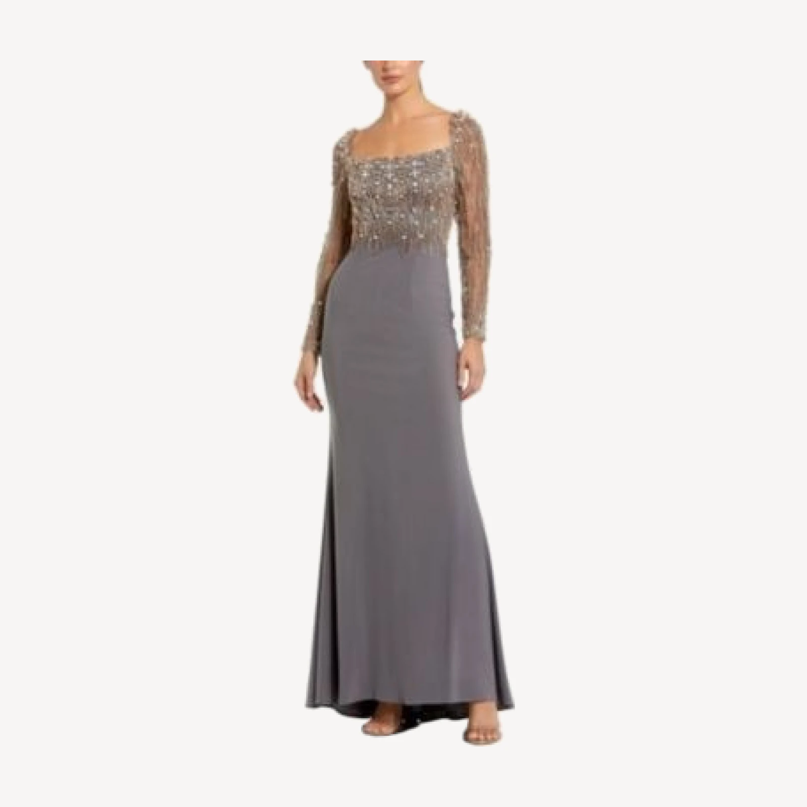 Mac Duggal Beaded Embellished Square Neck Long Sleeve Jersey Gown