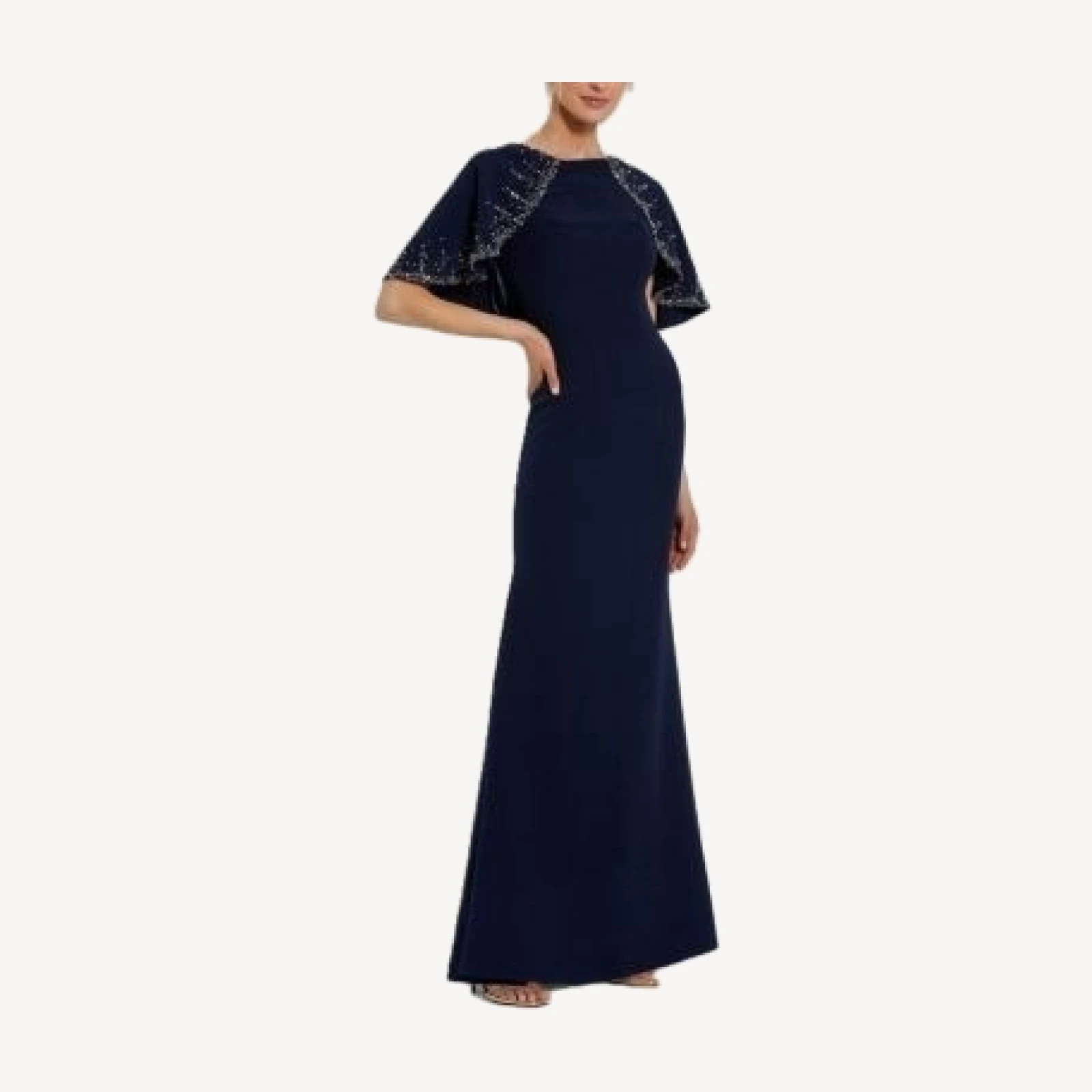 Mac Duggal Crepe High Neck Fitted Gown With Beaded Shawl