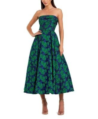 Mac Duggal Brocade Strapless A Line Midi Dress