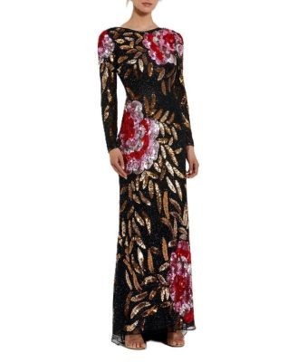Mac Duggal Floral Patter Sequin Long Sleeve Dress