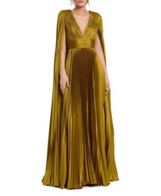 Mac Duggal Pleated Charmeuse V Neck Gown with Cape