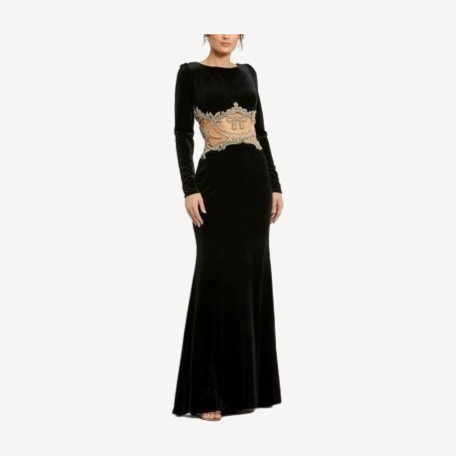 Mac Duggal Long Sleeve Sheer Embellished Velvet Gown