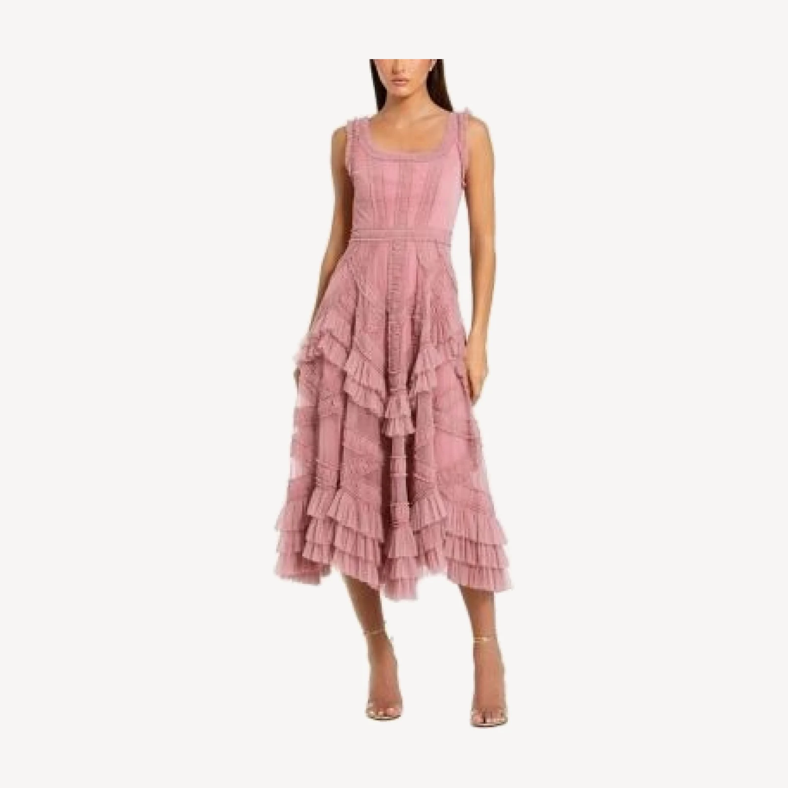 Mac Duggal Scoop Neck Sleeveless Mesh Micro Ruffle Midi Dress