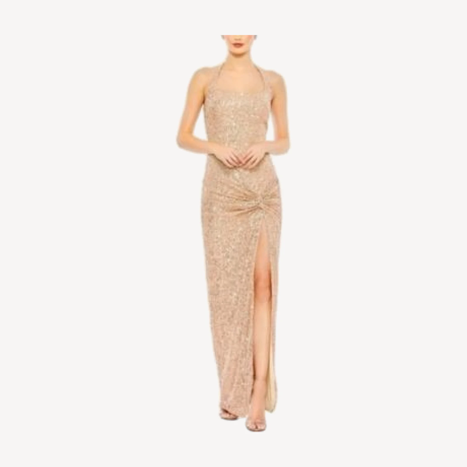 Mac Duggal Sequined Halter Strap Low Side Knot Gown
