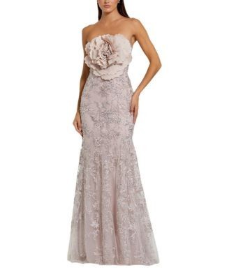 Mac Duggal Strapless Beaded Applique Mermaid Gown with Flower