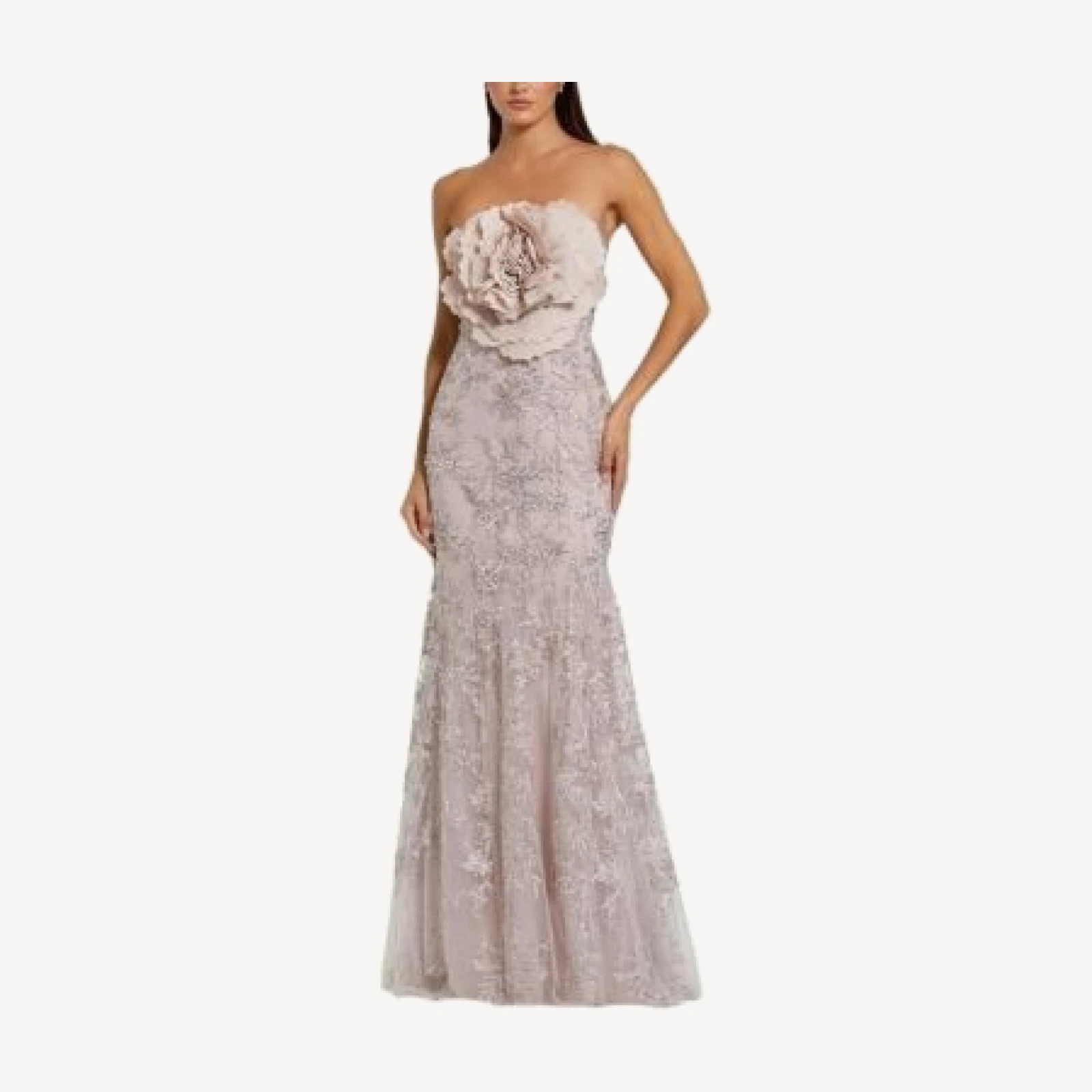 Mac Duggal Strapless Beaded Applique Mermaid Gown with Flower