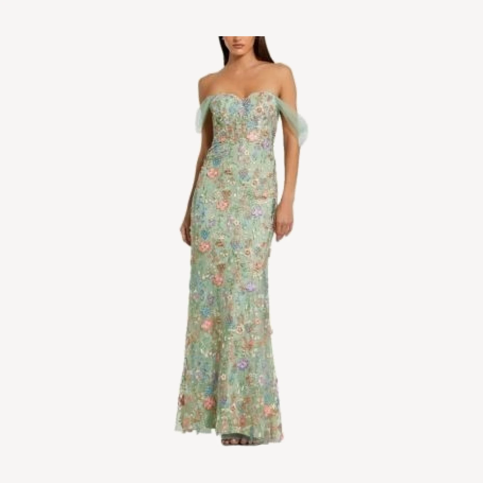 Mac Duggal Off The Shoulder Bustier Emboridered Net Gown