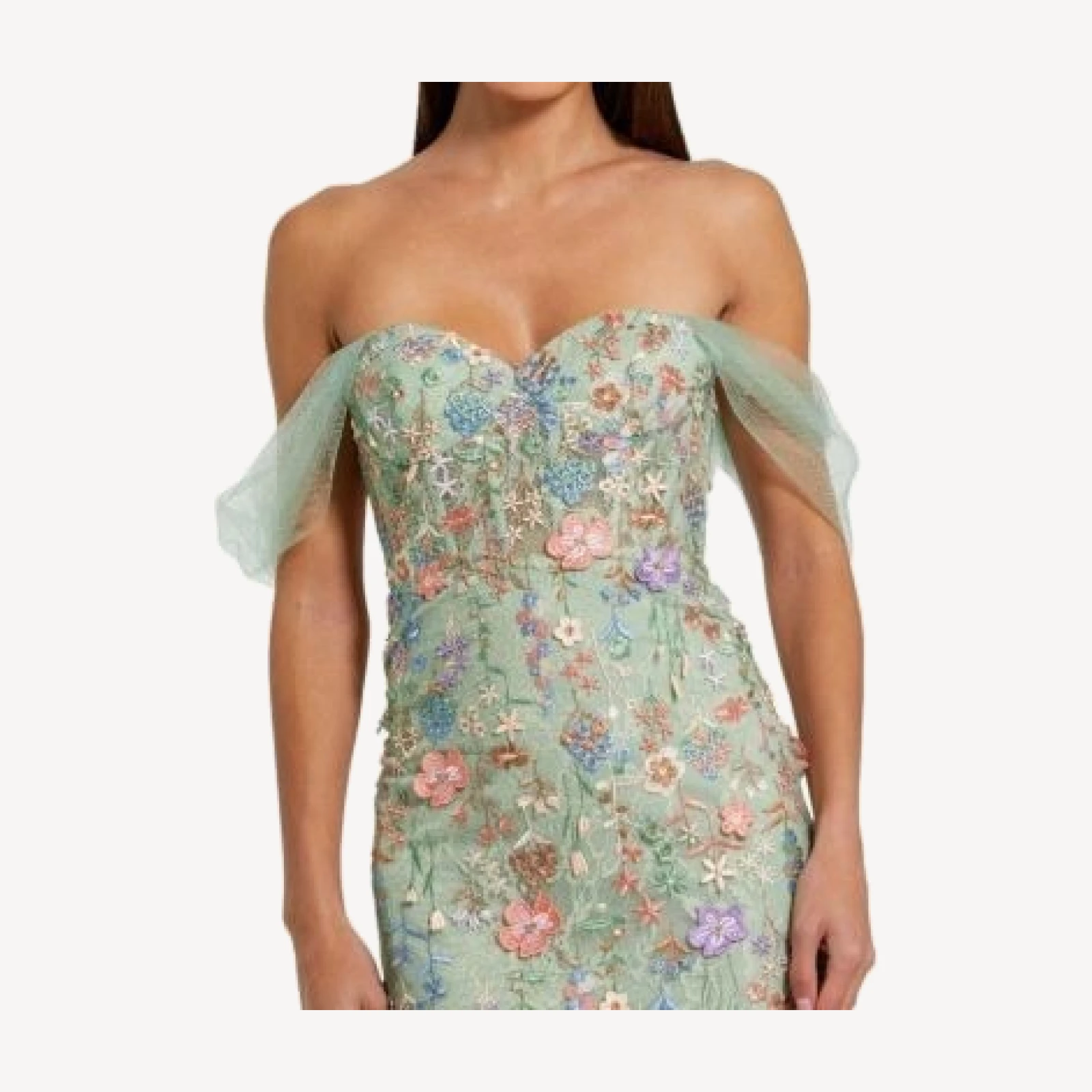 Mac Duggal Off The Shoulder Bustier Emboridered Net Gown