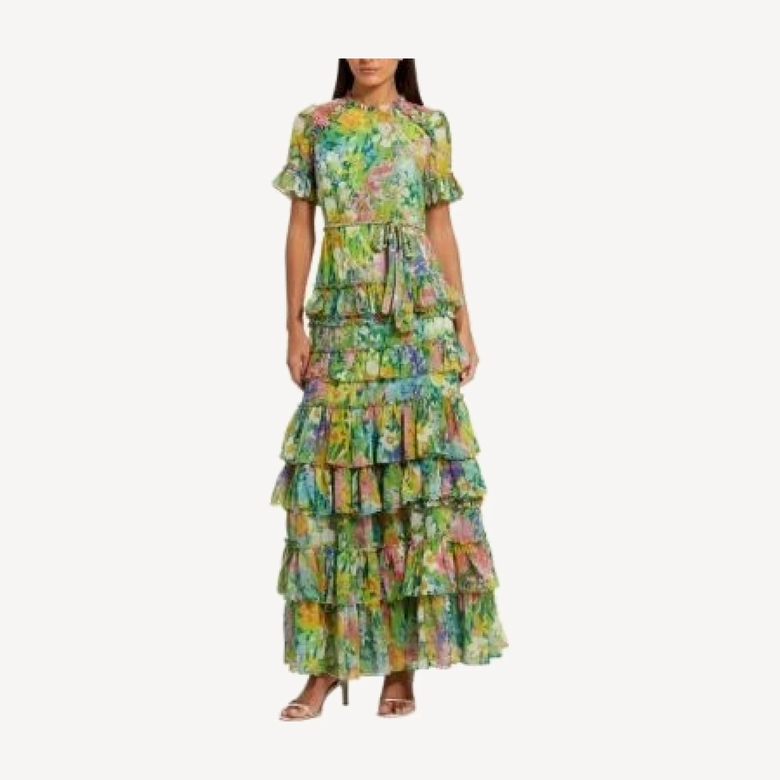 Mac Duggal Floral Printed Chiffon Tiered Ruffle Gown
