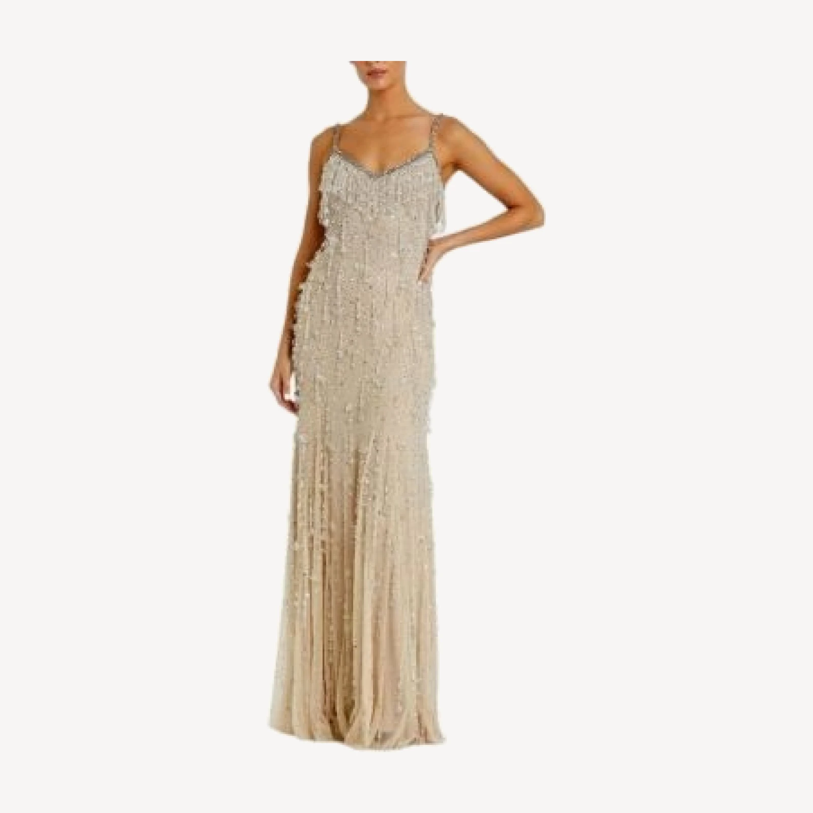 Mac Duggal Thin Strap Net Embellished V Neck Gown