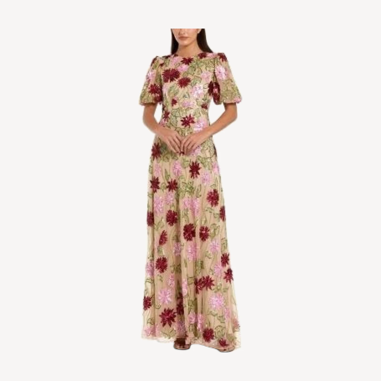 Mac Duggal Floral Embroidered Mesh Gown with Statement Sleeves