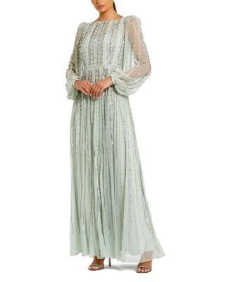 Mac Duggal Boat Neck Long Sleeve Gown with Striped Beading