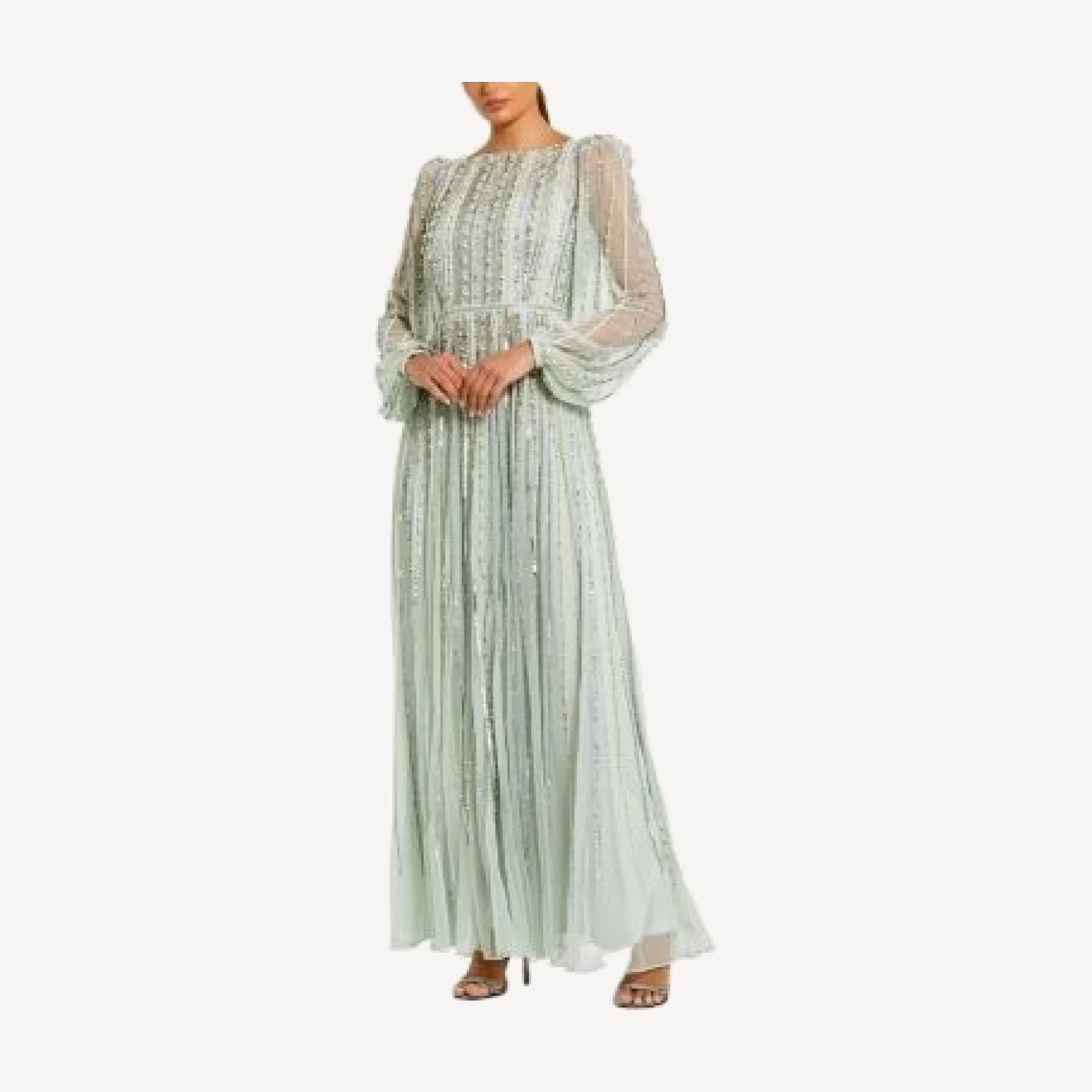 Mac Duggal Boat Neck Long Sleeve Gown with Striped Beading