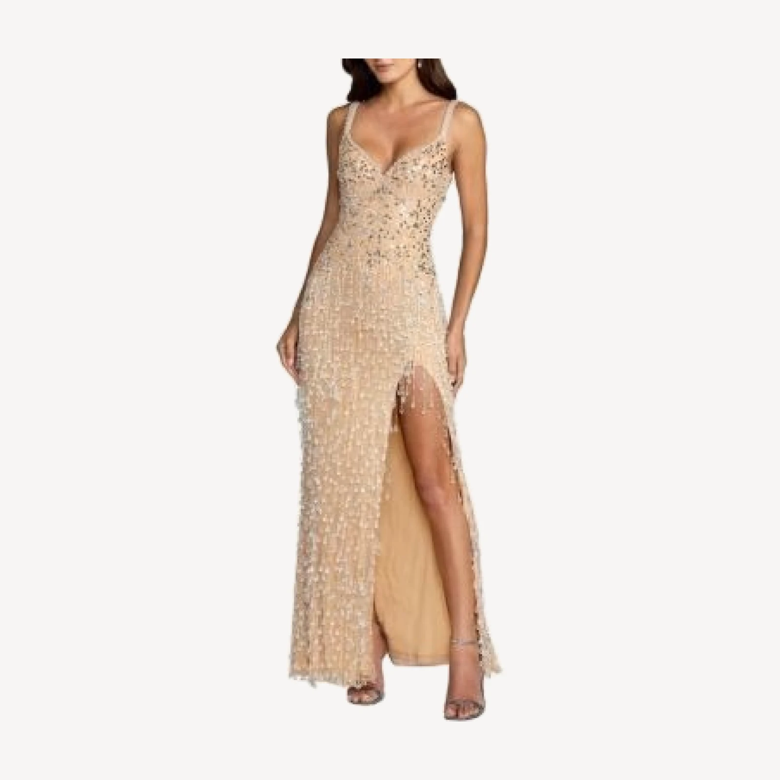 Mac Duggal Thin Strap V- Neck Mesh Gown With Fringe Beading