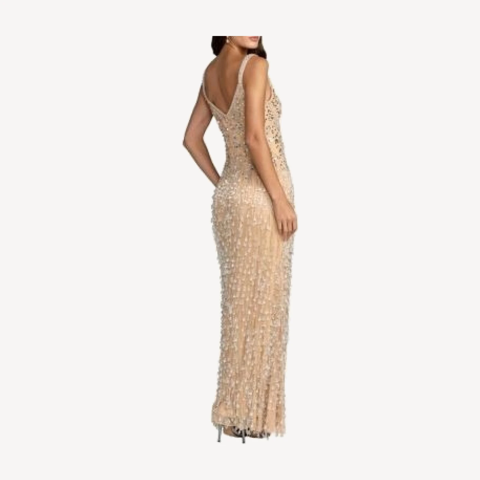 Mac Duggal Thin Strap V- Neck Mesh Gown With Fringe Beading