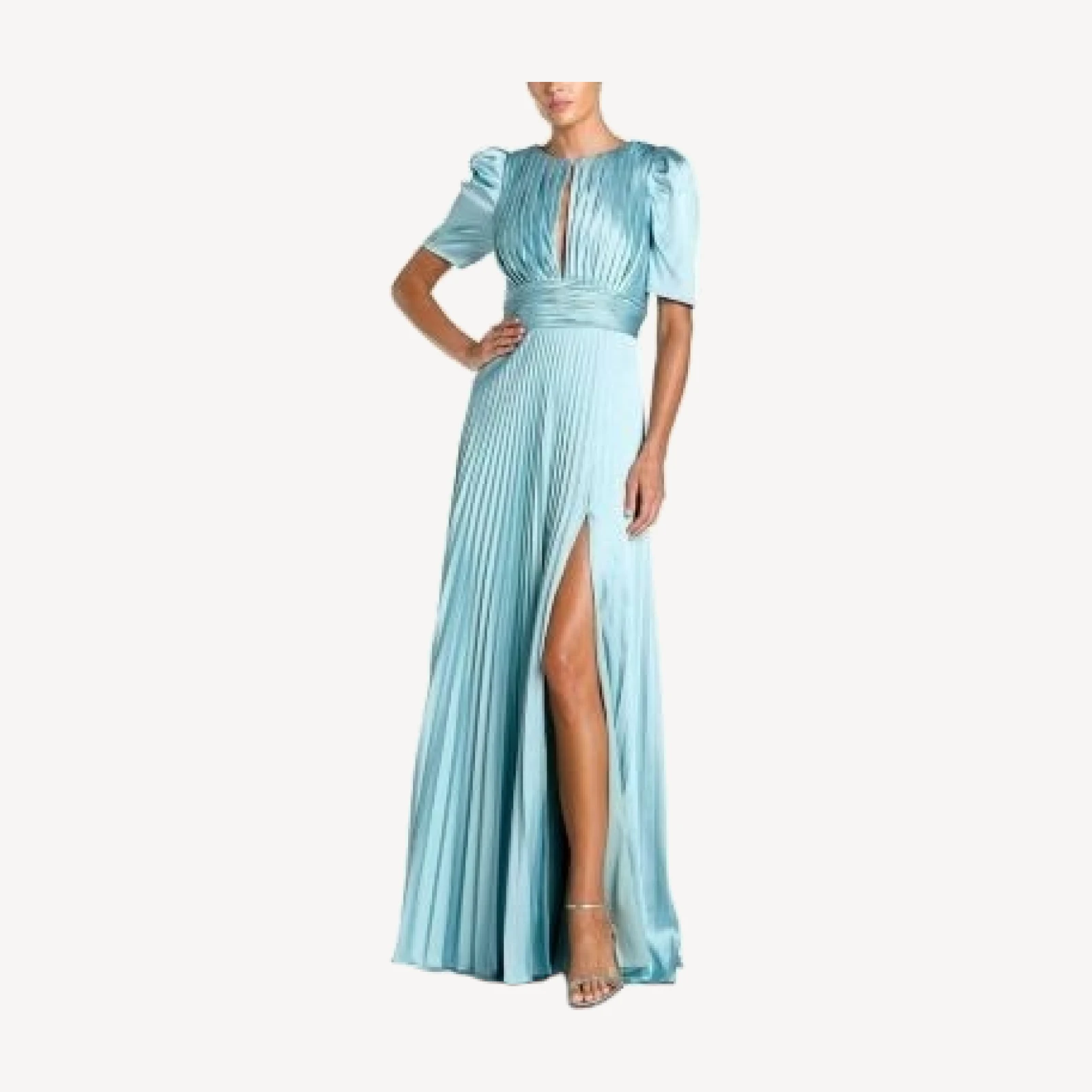 Mac Duggal Pleated Charmeuse Puff Sleeve Evening Gown with Slit
