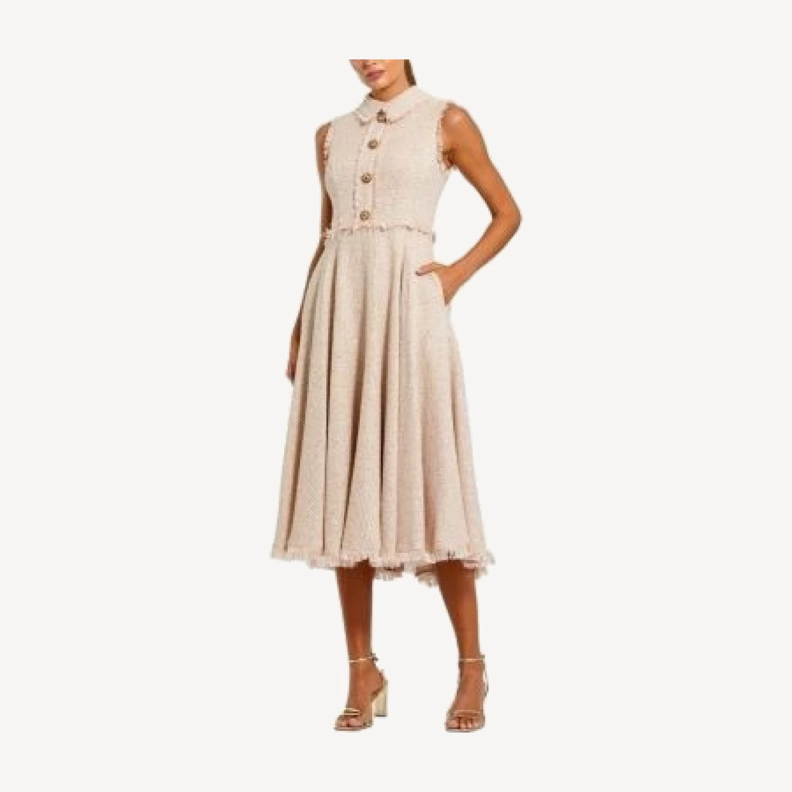 Mac Duggal Boucle Sleeveless Collared Button Up Midi Dress