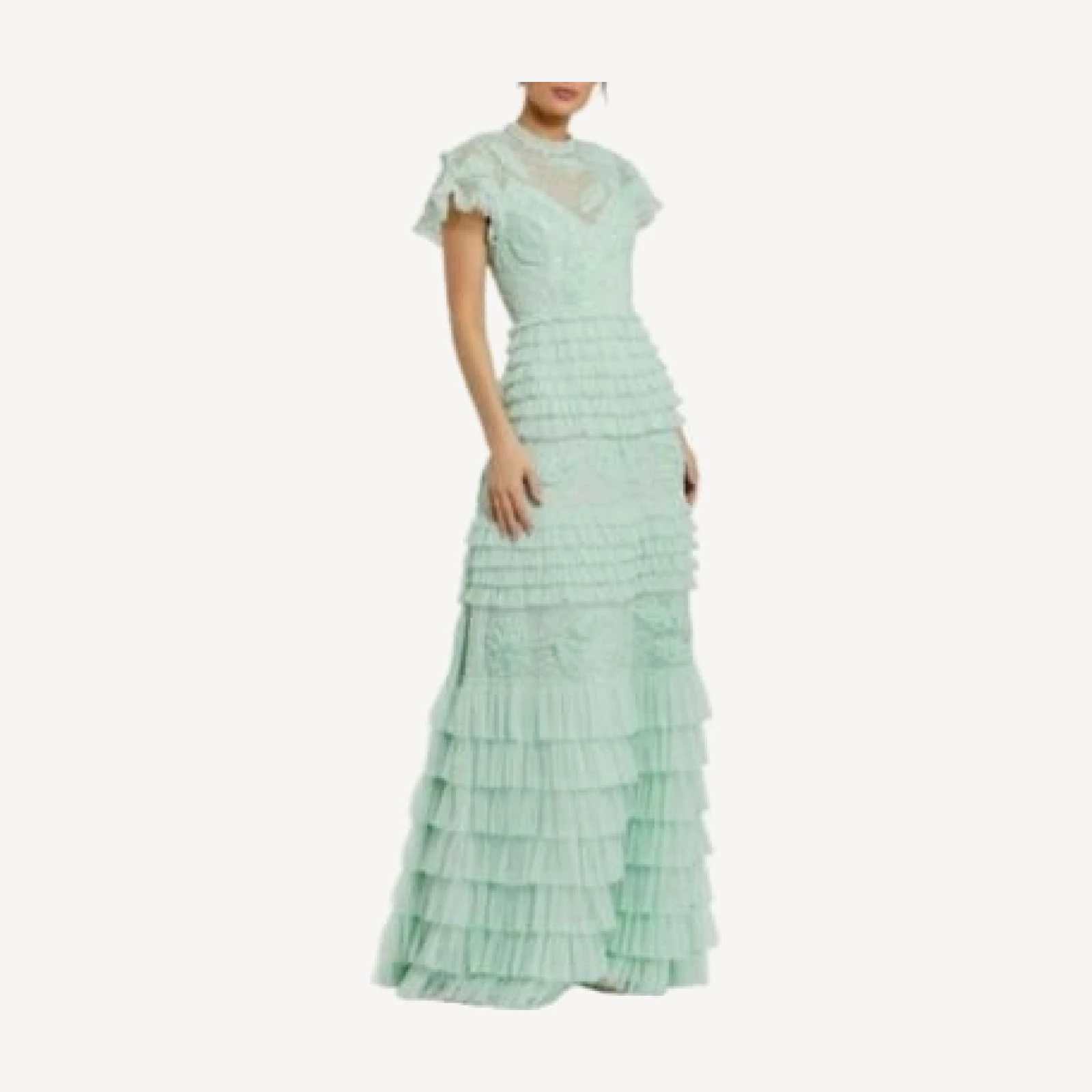Mac Duggal Beaded Mesh High Neck Micro Ruffle Floral Gown