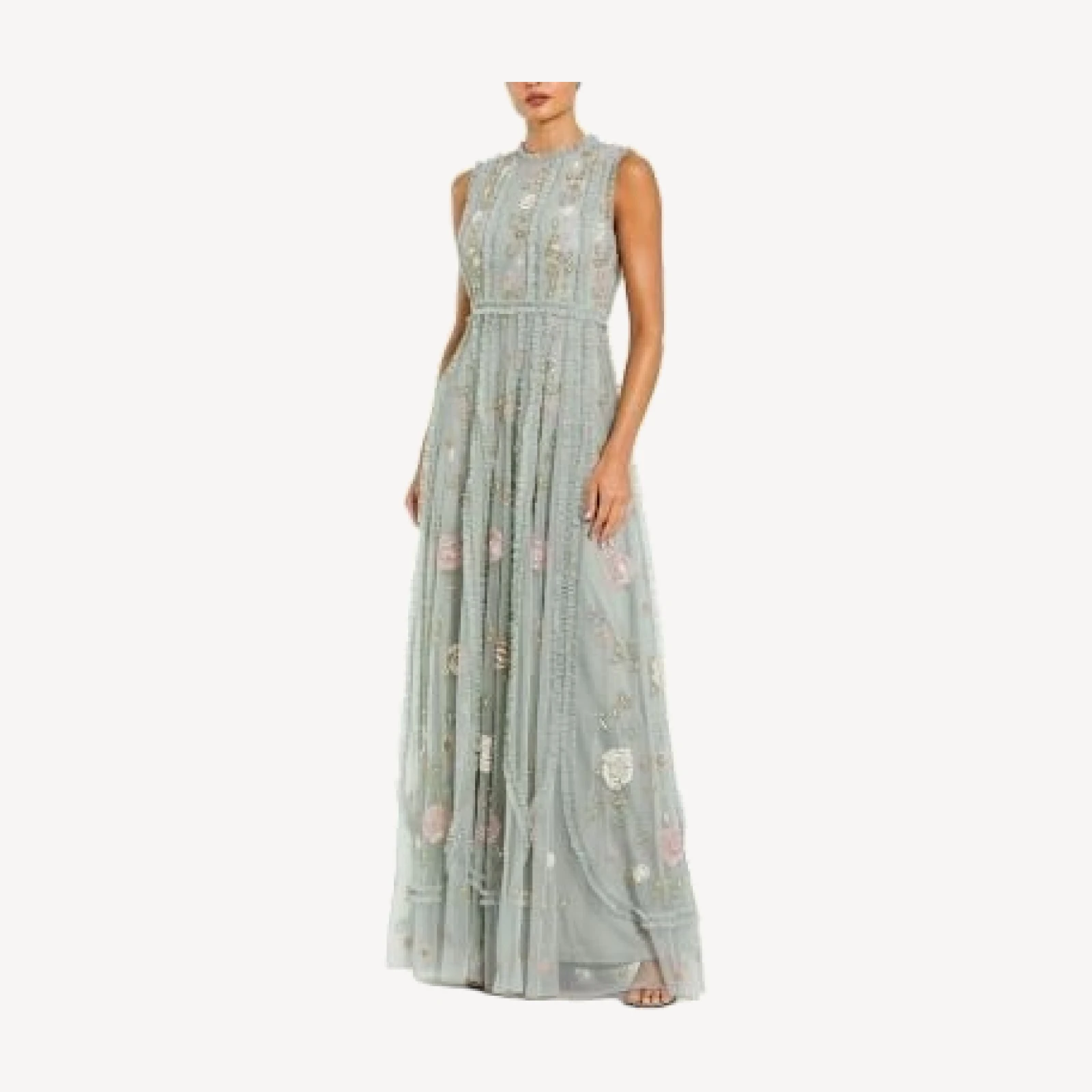 Mac Duggal Floral Mesh Sleeveless A-line Micro Ruffle Gown