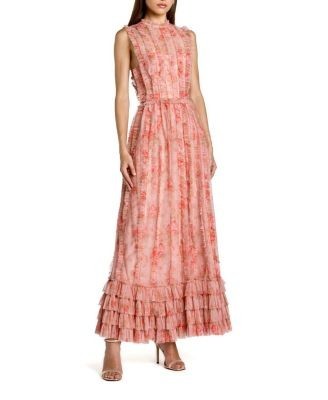 Mac Duggal Floral Mesh High Neck Micro Ruffle Midi Dress