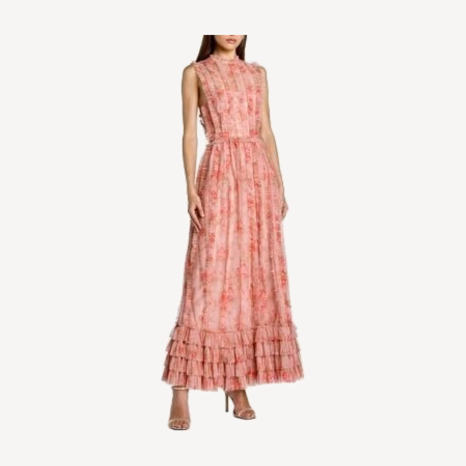 Mac Duggal Floral Mesh High Neck Micro Ruffle Midi Dress
