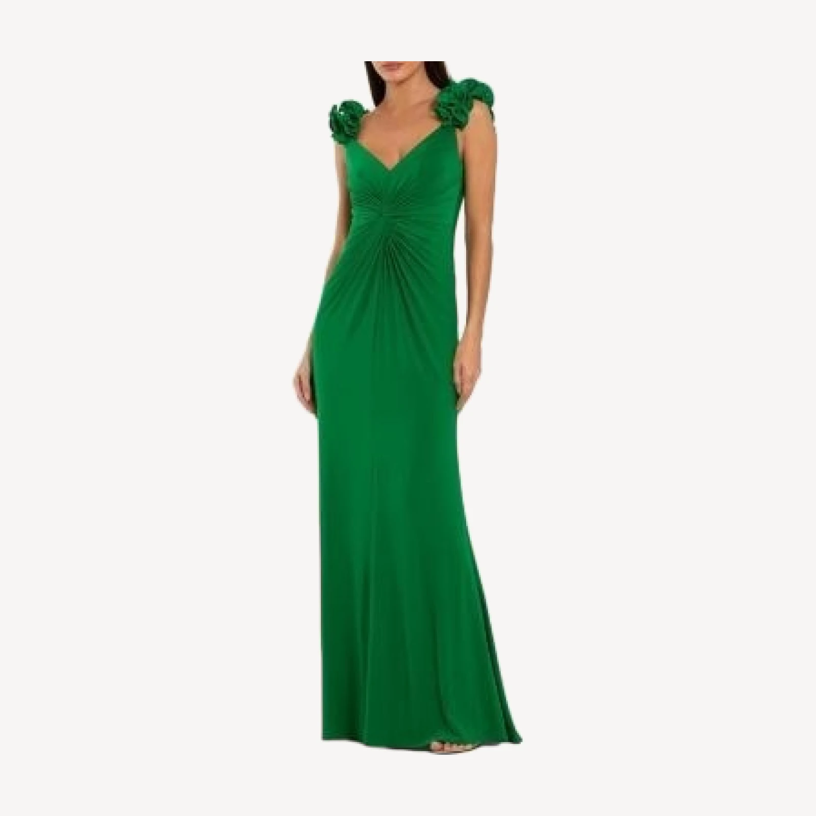 Mac Duggal Jersey V Neck Gown with 3D Flower Straps