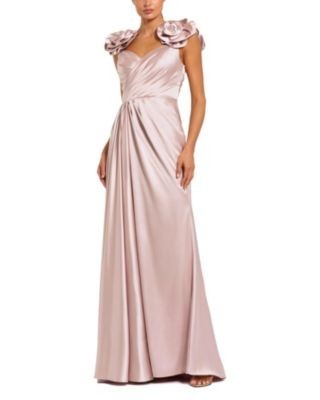 Mac Duggal Satin Faux Wrap Gown with 3D Flower Straps