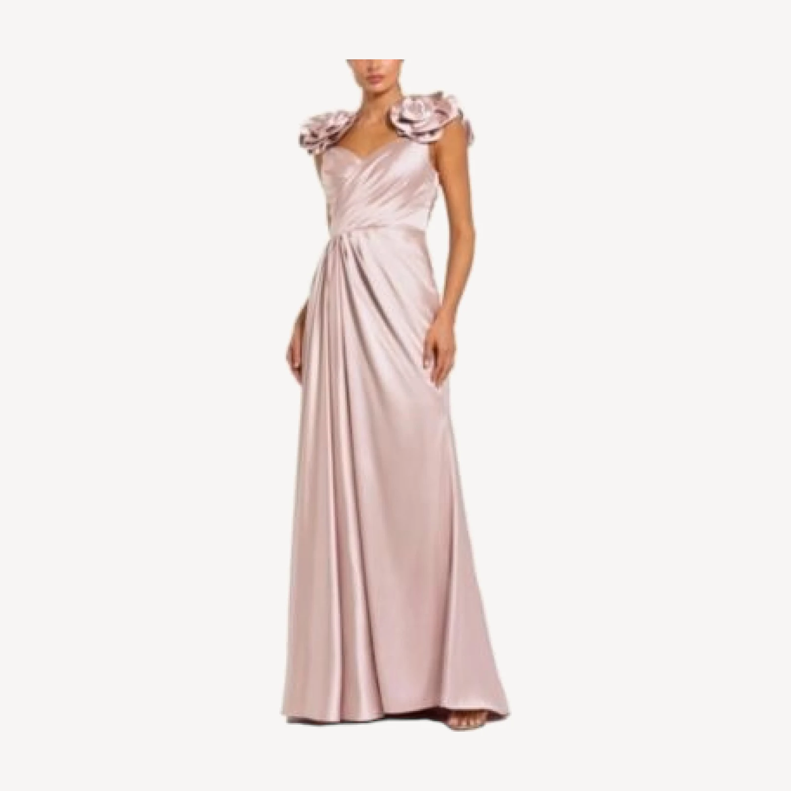 Mac Duggal Satin Faux Wrap Gown with 3D Flower Straps